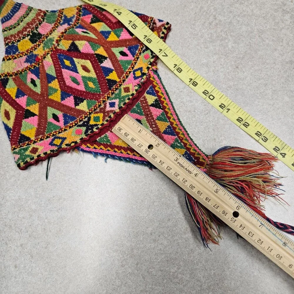 Vintage Hand Knit Tribal Wool Hat Colorful Geometric Patterns Tassels‎ Earflaps